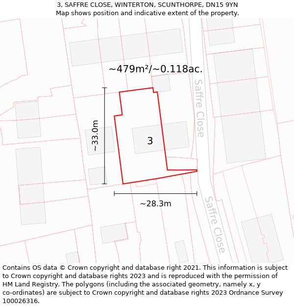 3, SAFFRE CLOSE, WINTERTON, SCUNTHORPE, DN15 9YN: Plot and title map