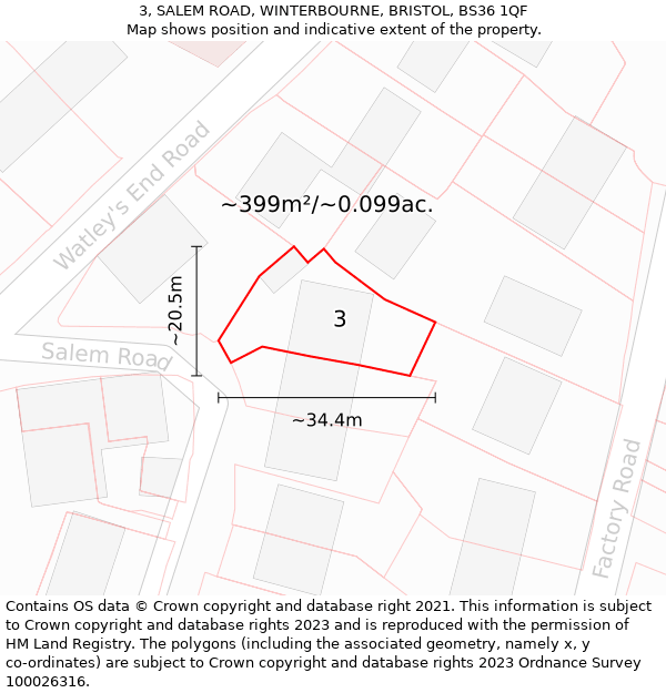 3, SALEM ROAD, WINTERBOURNE, BRISTOL, BS36 1QF: Plot and title map