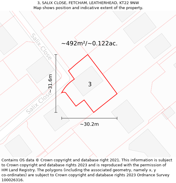 3, SALIX CLOSE, FETCHAM, LEATHERHEAD, KT22 9NW: Plot and title map