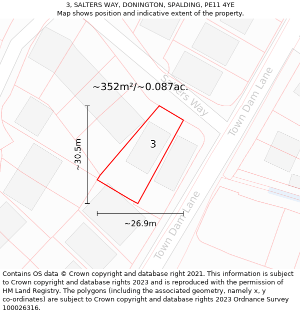 3, SALTERS WAY, DONINGTON, SPALDING, PE11 4YE: Plot and title map