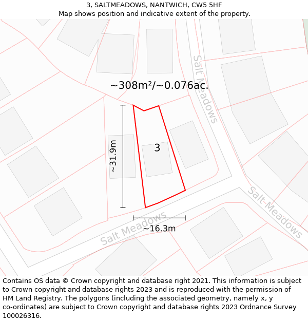 3, SALTMEADOWS, NANTWICH, CW5 5HF: Plot and title map