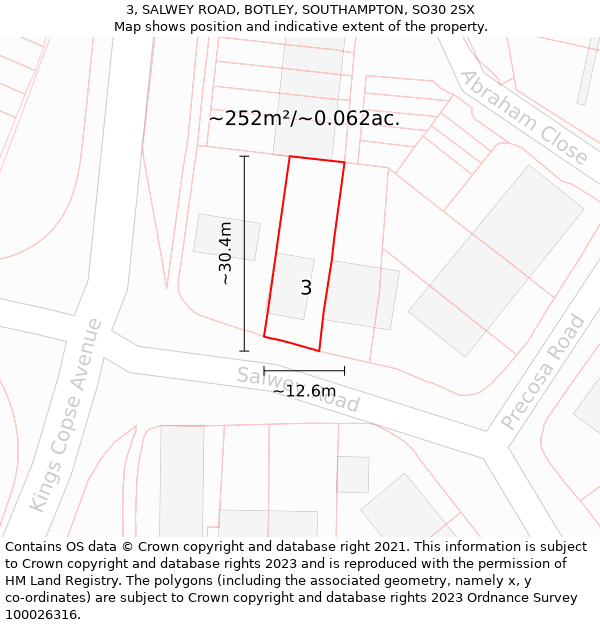 3, SALWEY ROAD, BOTLEY, SOUTHAMPTON, SO30 2SX: Plot and title map