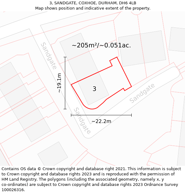 3, SANDGATE, COXHOE, DURHAM, DH6 4LB: Plot and title map