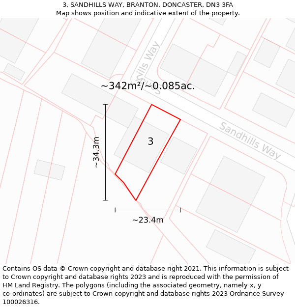 3, SANDHILLS WAY, BRANTON, DONCASTER, DN3 3FA: Plot and title map