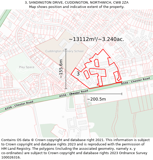 3, SANDINGTON DRIVE, CUDDINGTON, NORTHWICH, CW8 2ZA: Plot and title map