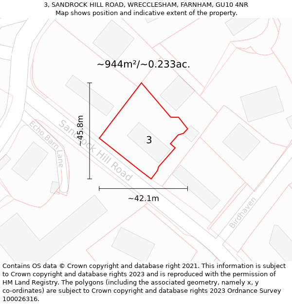 3, SANDROCK HILL ROAD, WRECCLESHAM, FARNHAM, GU10 4NR: Plot and title map