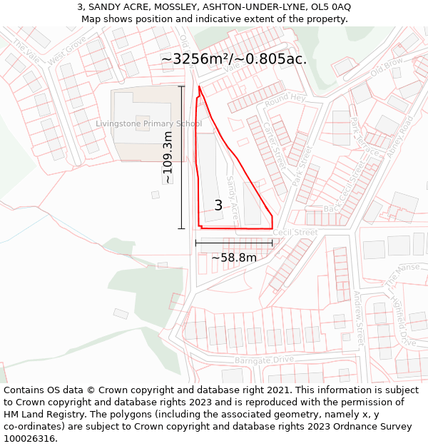 3, SANDY ACRE, MOSSLEY, ASHTON-UNDER-LYNE, OL5 0AQ: Plot and title map