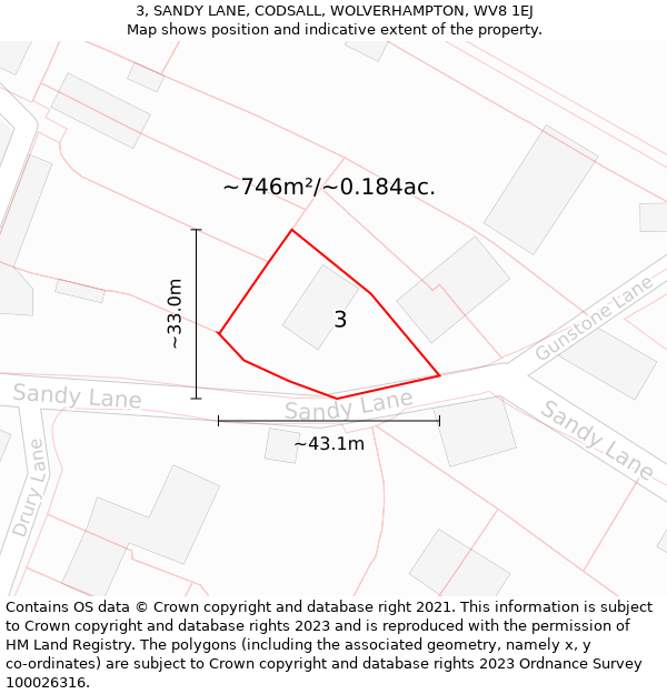 3, SANDY LANE, CODSALL, WOLVERHAMPTON, WV8 1EJ: Plot and title map