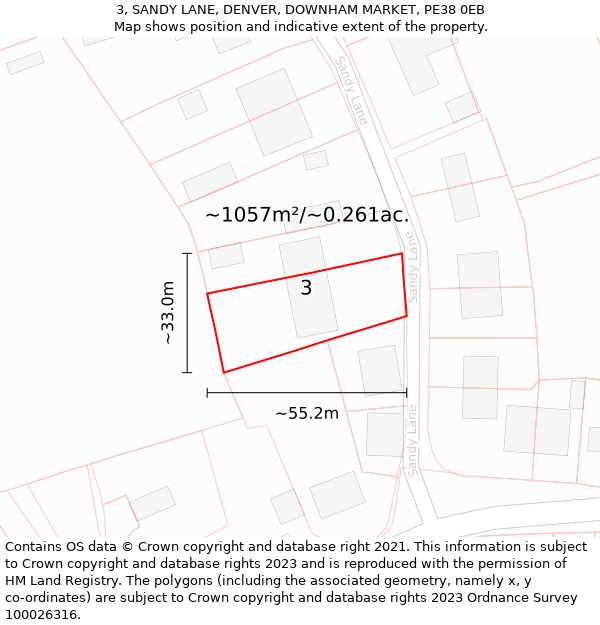 3, SANDY LANE, DENVER, DOWNHAM MARKET, PE38 0EB: Plot and title map