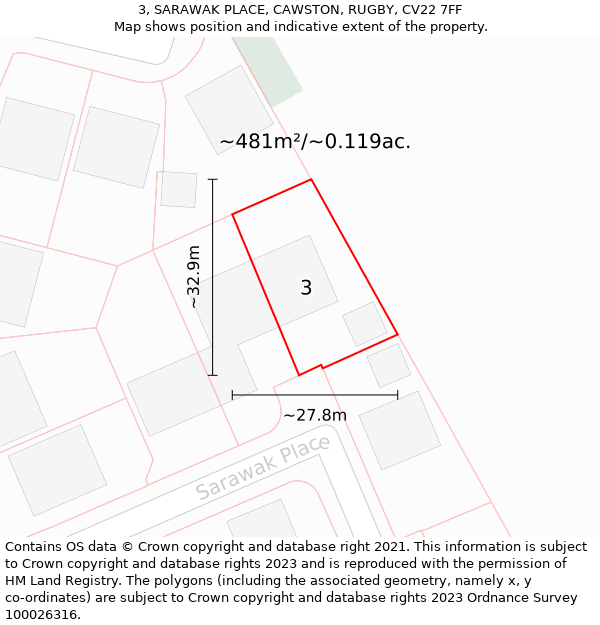 3, SARAWAK PLACE, CAWSTON, RUGBY, CV22 7FF: Plot and title map