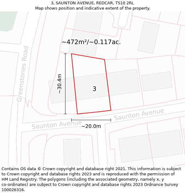 3, SAUNTON AVENUE, REDCAR, TS10 2RL: Plot and title map