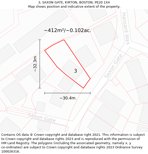 3, SAXON GATE, KIRTON, BOSTON, PE20 1XA: Plot and title map