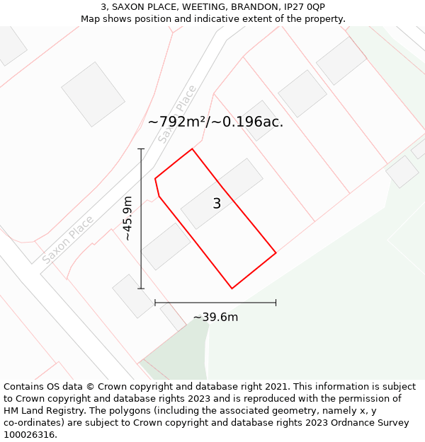 3, SAXON PLACE, WEETING, BRANDON, IP27 0QP: Plot and title map