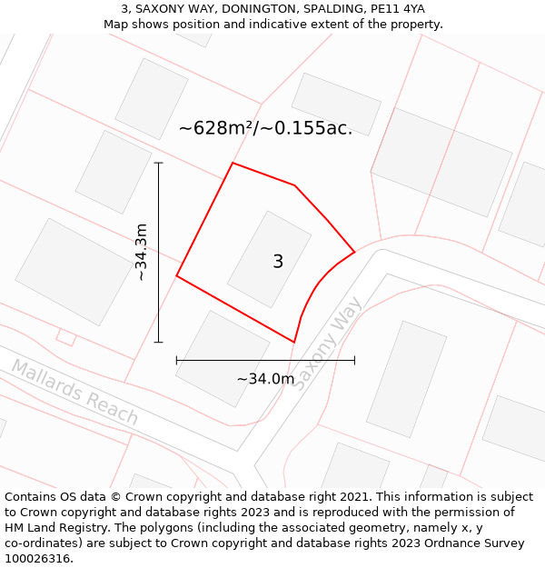 3, SAXONY WAY, DONINGTON, SPALDING, PE11 4YA: Plot and title map