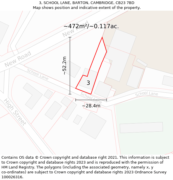 3, SCHOOL LANE, BARTON, CAMBRIDGE, CB23 7BD: Plot and title map