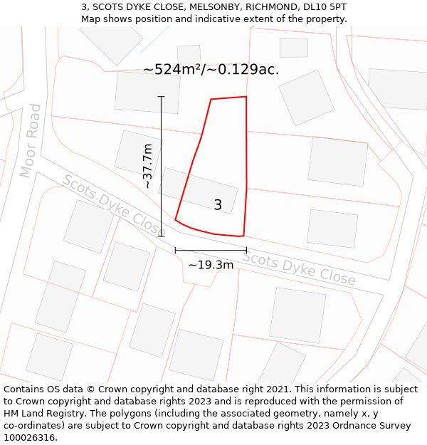 3, SCOTS DYKE CLOSE, MELSONBY, RICHMOND, DL10 5PT: Plot and title map