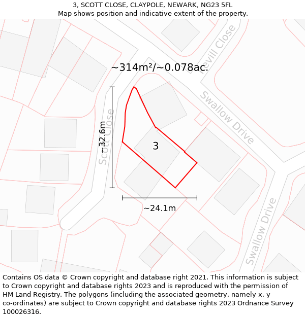 3, SCOTT CLOSE, CLAYPOLE, NEWARK, NG23 5FL: Plot and title map