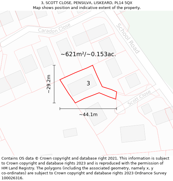 3, SCOTT CLOSE, PENSILVA, LISKEARD, PL14 5QX: Plot and title map