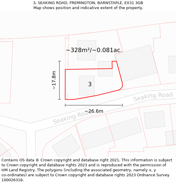 3, SEAKING ROAD, FREMINGTON, BARNSTAPLE, EX31 3GB: Plot and title map