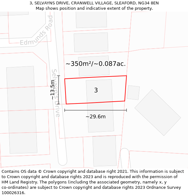 3, SELVAYNS DRIVE, CRANWELL VILLAGE, SLEAFORD, NG34 8EN: Plot and title map