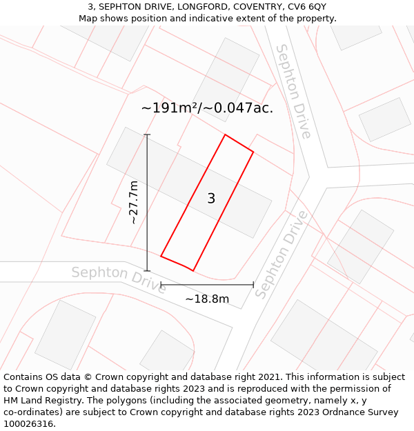 3, SEPHTON DRIVE, LONGFORD, COVENTRY, CV6 6QY: Plot and title map