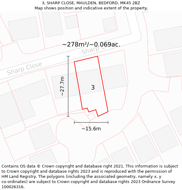 3, SHARP CLOSE, MAULDEN, BEDFORD, MK45 2BZ: Plot and title map