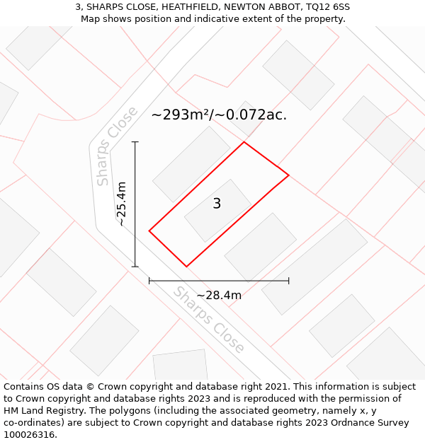 3, SHARPS CLOSE, HEATHFIELD, NEWTON ABBOT, TQ12 6SS: Plot and title map