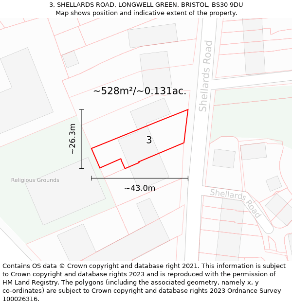 3, SHELLARDS ROAD, LONGWELL GREEN, BRISTOL, BS30 9DU: Plot and title map