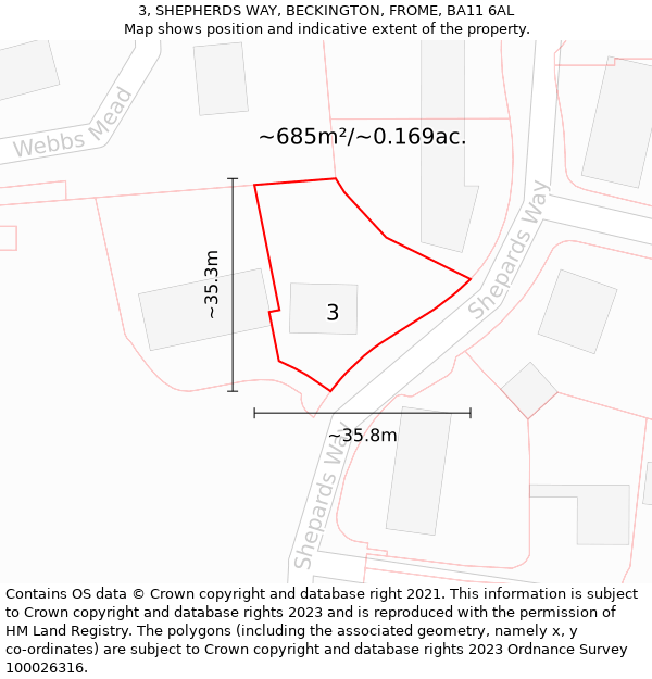 3, SHEPHERDS WAY, BECKINGTON, FROME, BA11 6AL: Plot and title map