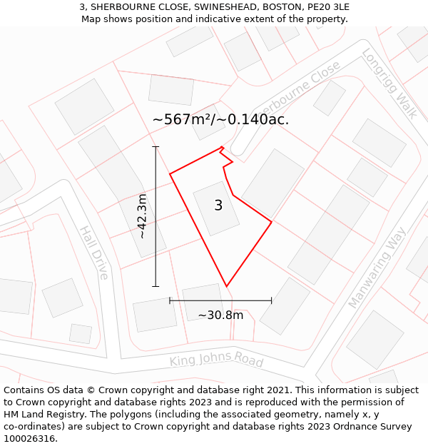 3, SHERBOURNE CLOSE, SWINESHEAD, BOSTON, PE20 3LE: Plot and title map