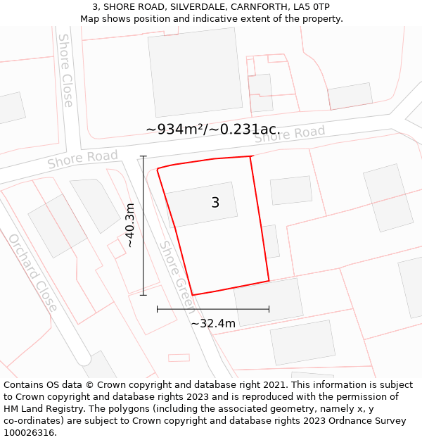 3, SHORE ROAD, SILVERDALE, CARNFORTH, LA5 0TP: Plot and title map