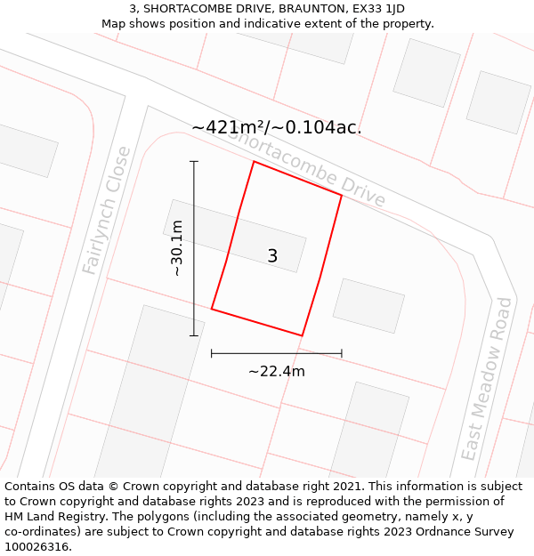 3, SHORTACOMBE DRIVE, BRAUNTON, EX33 1JD: Plot and title map