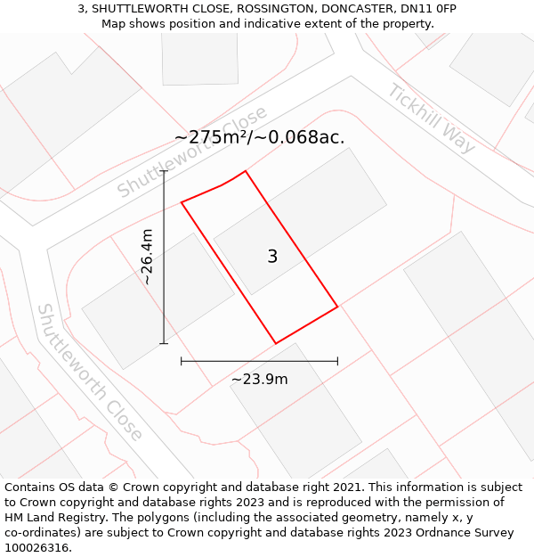 3, SHUTTLEWORTH CLOSE, ROSSINGTON, DONCASTER, DN11 0FP: Plot and title map