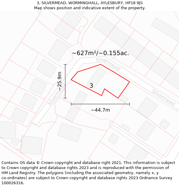 3, SILVERMEAD, WORMINGHALL, AYLESBURY, HP18 9JS: Plot and title map