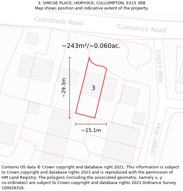 3, SIMCOE PLACE, HEMYOCK, CULLOMPTON, EX15 3RB: Plot and title map