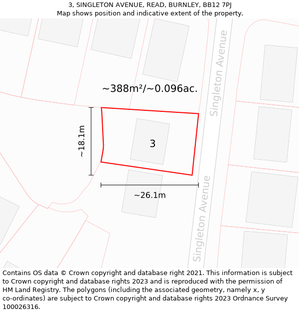 3, SINGLETON AVENUE, READ, BURNLEY, BB12 7PJ: Plot and title map