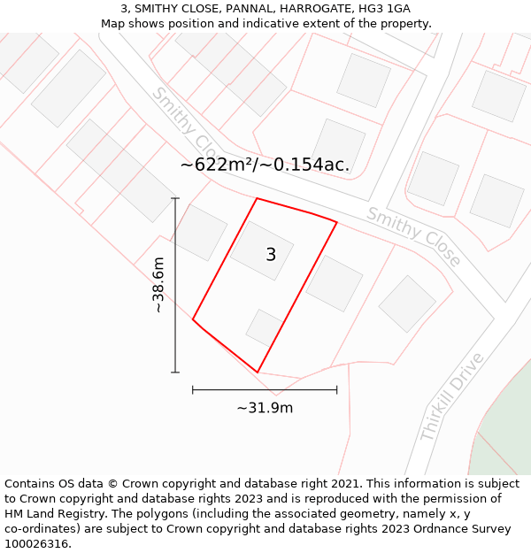 3, SMITHY CLOSE, PANNAL, HARROGATE, HG3 1GA: Plot and title map