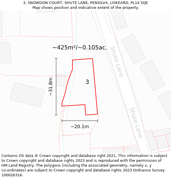 3, SNOWDON COURT, SHUTE LANE, PENSILVA, LISKEARD, PL14 5QE: Plot and title map