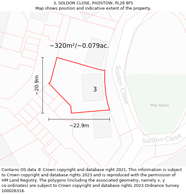 3, SOLDON CLOSE, PADSTOW, PL28 8FS: Plot and title map