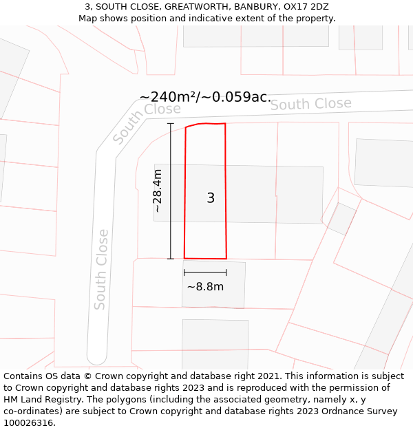 3, SOUTH CLOSE, GREATWORTH, BANBURY, OX17 2DZ: Plot and title map