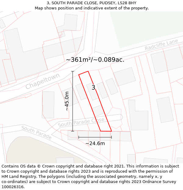 3, SOUTH PARADE CLOSE, PUDSEY, LS28 8HY: Plot and title map