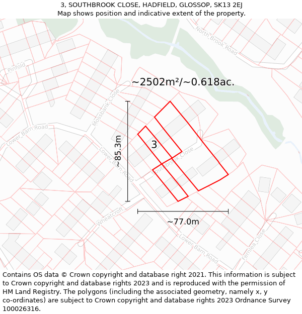 3, SOUTHBROOK CLOSE, HADFIELD, GLOSSOP, SK13 2EJ: Plot and title map