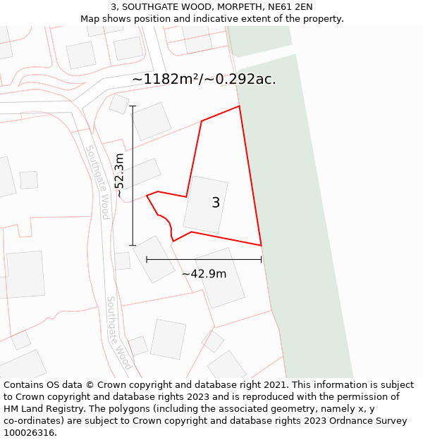 3, SOUTHGATE WOOD, MORPETH, NE61 2EN: Plot and title map