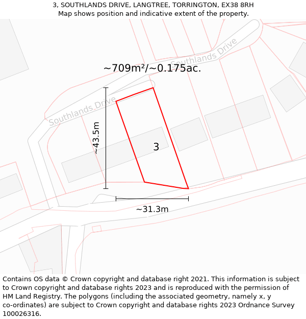 3, SOUTHLANDS DRIVE, LANGTREE, TORRINGTON, EX38 8RH: Plot and title map