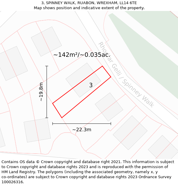 3, SPINNEY WALK, RUABON, WREXHAM, LL14 6TE: Plot and title map