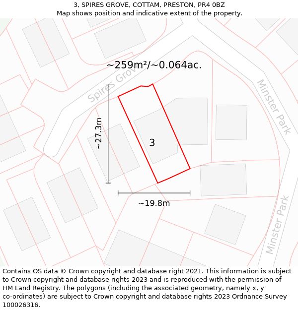 3, SPIRES GROVE, COTTAM, PRESTON, PR4 0BZ: Plot and title map