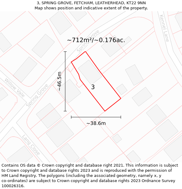 3, SPRING GROVE, FETCHAM, LEATHERHEAD, KT22 9NN: Plot and title map