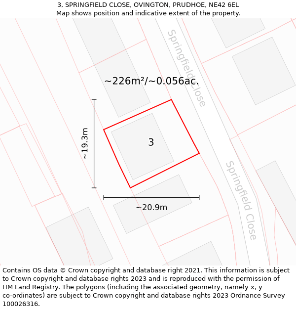 3, SPRINGFIELD CLOSE, OVINGTON, PRUDHOE, NE42 6EL: Plot and title map