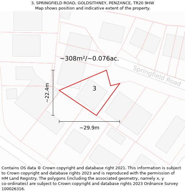 3, SPRINGFIELD ROAD, GOLDSITHNEY, PENZANCE, TR20 9HW: Plot and title map