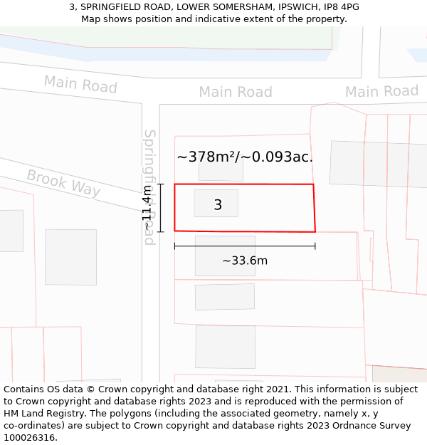 3, SPRINGFIELD ROAD, LOWER SOMERSHAM, IPSWICH, IP8 4PG: Plot and title map